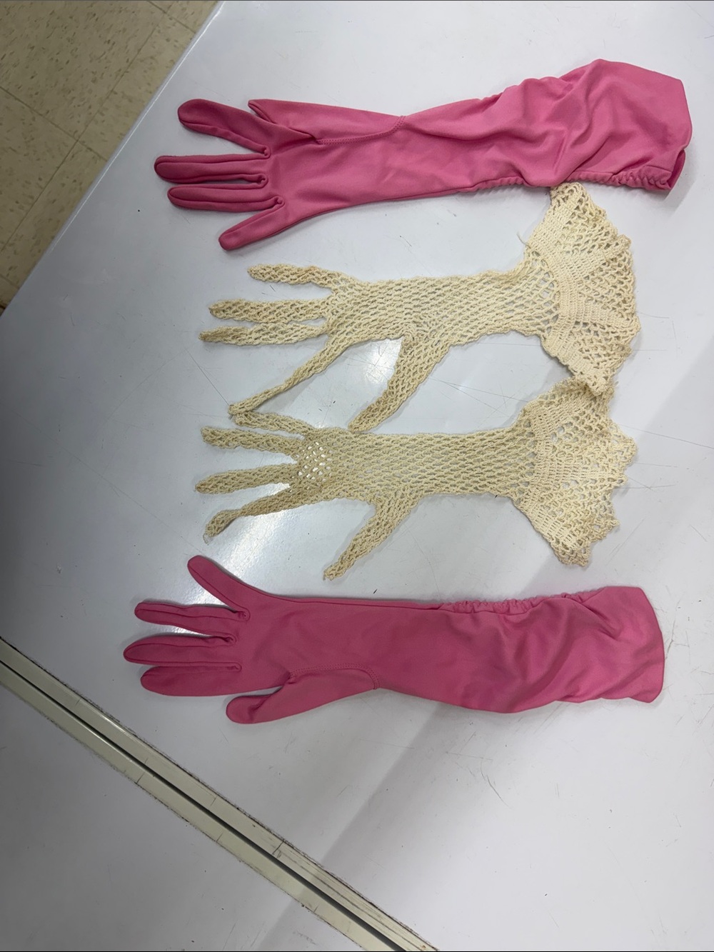 Pink Long Gloves with Cream Crochet Pair - Women  vintage accessories